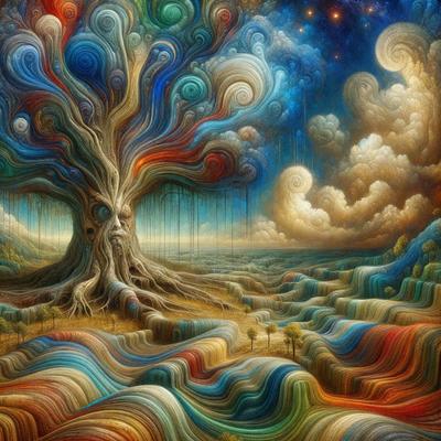 The primary subject of the image is a large, colorful tree with a multitude of branches and roots. The tree is situated in a vibrant, artistic landscape that features a variety of colors and patterns. The setting includes a sky with clouds, adding to the overall atmosphere of the scene. The visual style of the image is a combination of digital art and illustration, creating a unique and captivating piece of art.